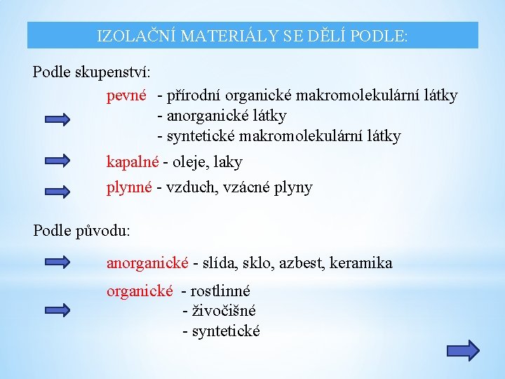 IZOLAČNÍ MATERIÁLY SE DĚLÍ PODLE: Podle skupenství: pevné - přírodní organické makromolekulární látky -