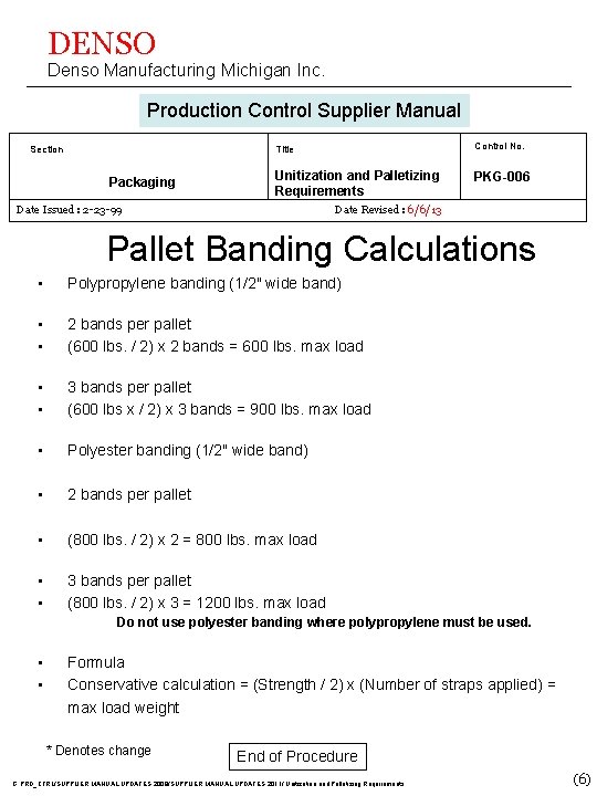 DENSO Denso Manufacturing Michigan Inc. Production Control Supplier Manual Section Control No. Title Packaging DENSO Denso Manufacturing Michigan Inc. Production Control Supplier Manual Section Control No. Title Packaging