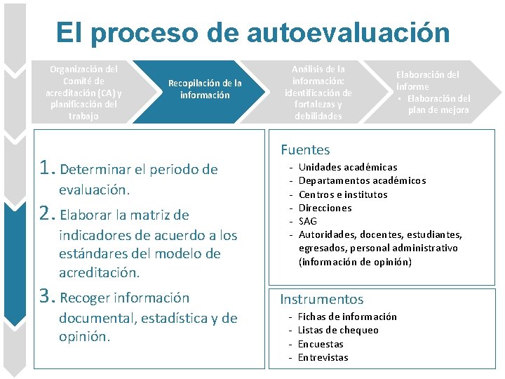 El proceso de autoevaluación Organización del Comité de acreditación (CA) y planificación del trabajo