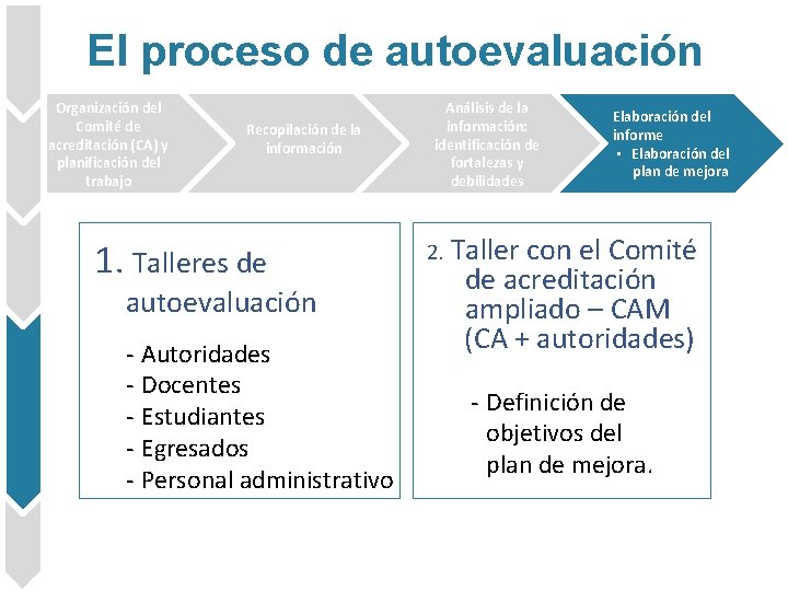 El proceso de autoevaluación Organización del Comité de acreditación (CA) y planificación del trabajo