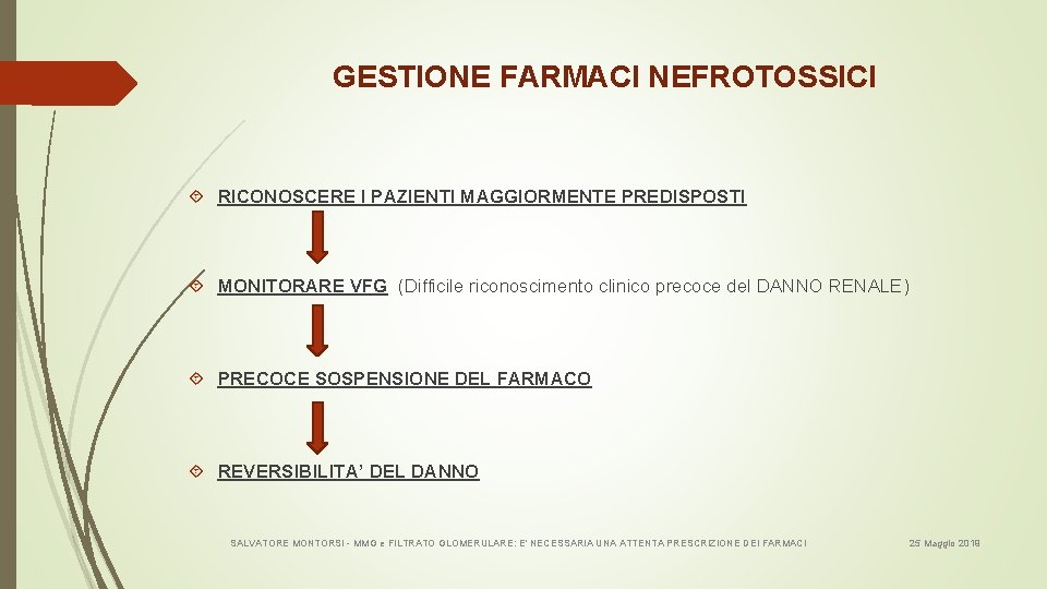 GESTIONE FARMACI NEFROTOSSICI RICONOSCERE I PAZIENTI MAGGIORMENTE PREDISPOSTI MONITORARE VFG (Difficile riconoscimento clinico precoce