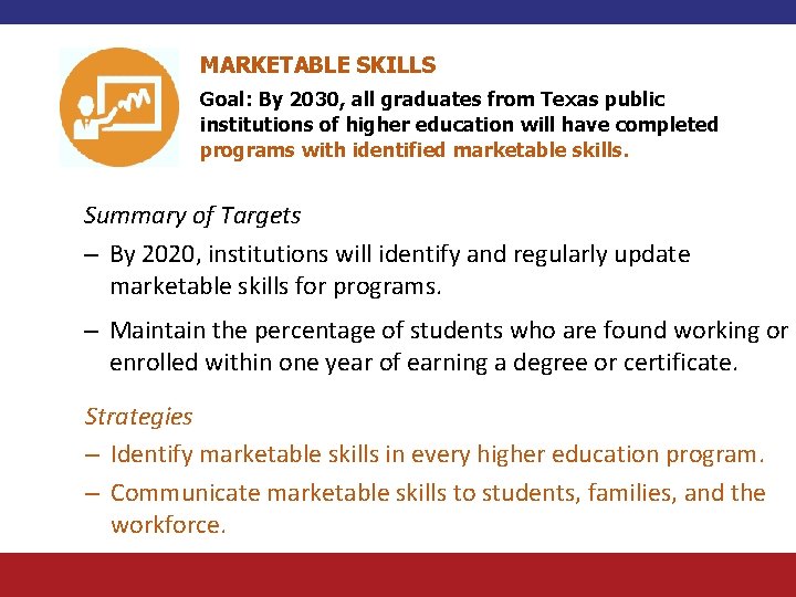 MARKETABLE SKILLS Goal: By 2030, all graduates from Texas public institutions of higher education