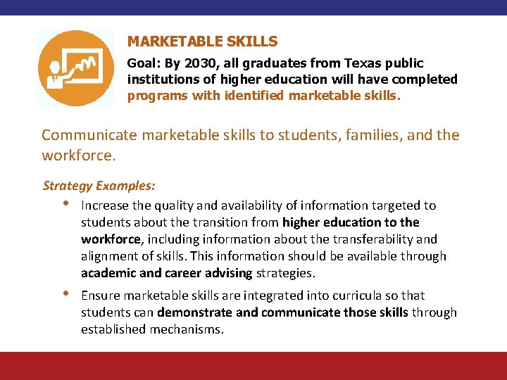 MARKETABLE SKILLS Goal: By 2030, all graduates from Texas public institutions of higher education