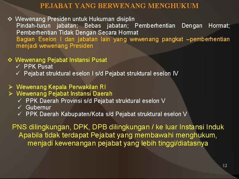 PEJABAT YANG BERWENANG MENGHUKUM v Wewenang Presiden untuk Hukuman disiplin Pindah-turun jabatan; Bebas jabatan;