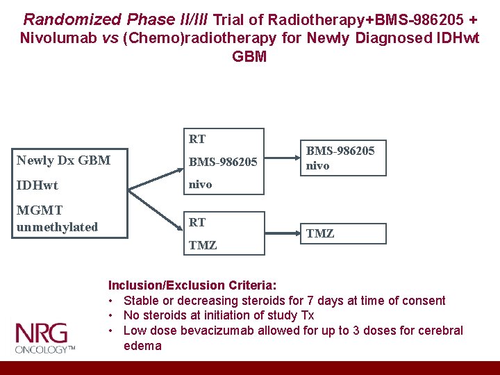 Randomized Phase II/III Trial of Radiotherapy+BMS-986205 + Nivolumab vs (Chemo)radiotherapy for Newly Diagnosed IDHwt