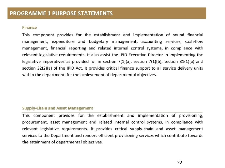 PROGRAMME 1 PURPOSE STATEMENTS 22 