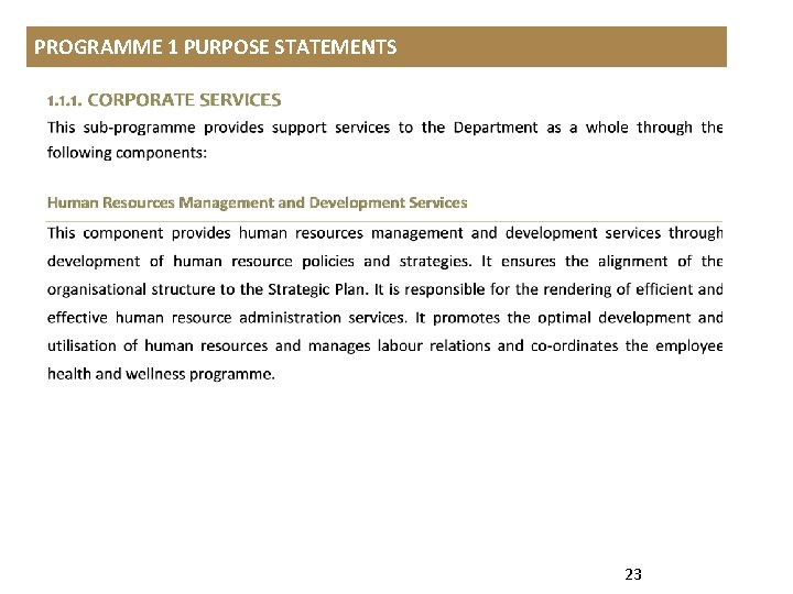 PROGRAMME 1 PURPOSE STATEMENTS 23 