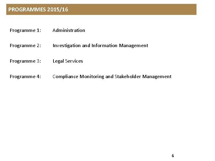 PROGRAMMES 2015/16 Programme 1: Administration Programme 2: Investigation and Information Management Programme 3: Legal