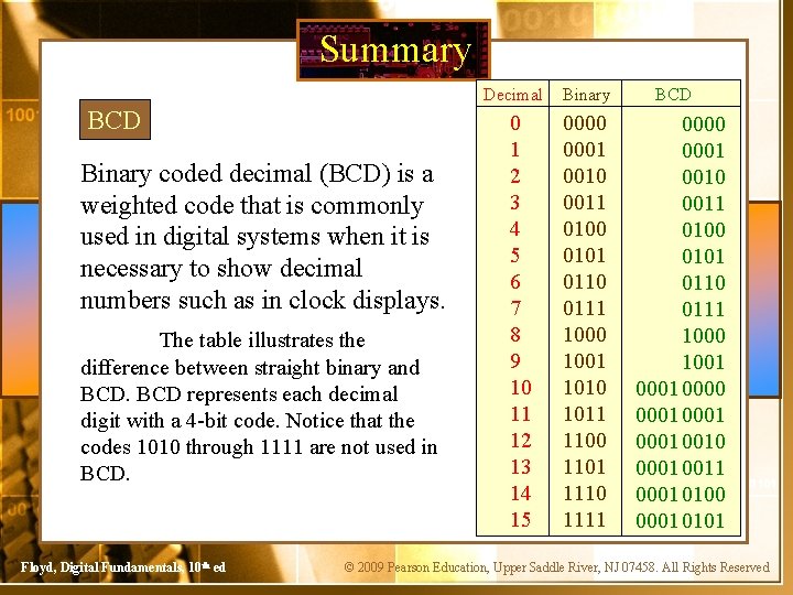 Summary Decimal BCD Binary coded decimal (BCD) is a weighted code that is commonly