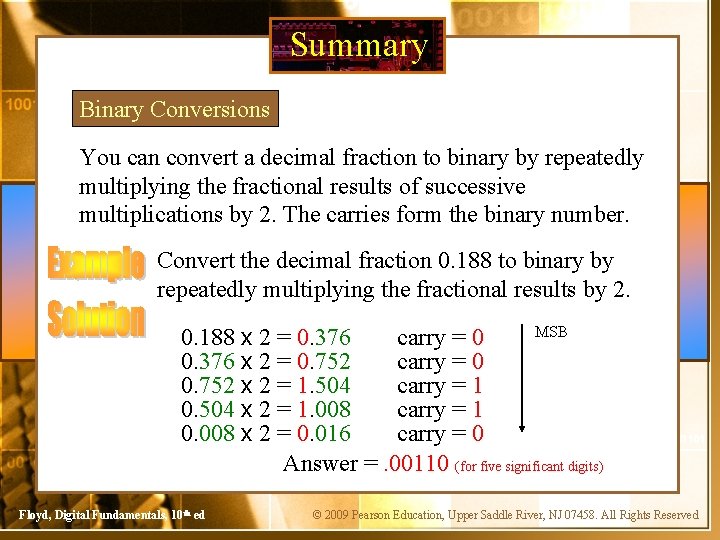 Summary Binary Conversions You can convert a decimal fraction to binary by repeatedly multiplying