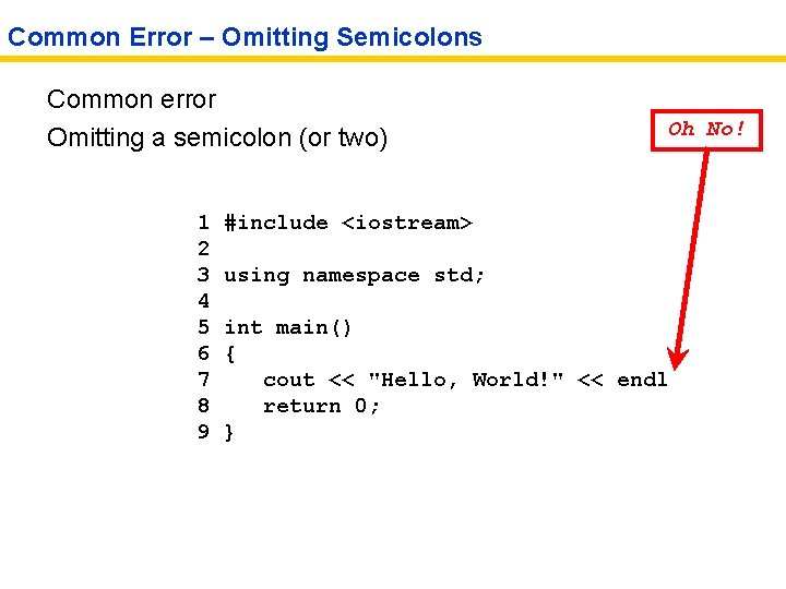 Common Error – Omitting Semicolons Common error Omitting a semicolon (or two) 1 2