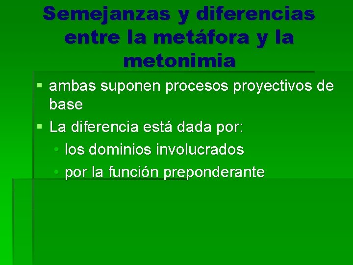 Semejanzas y diferencias entre la metáfora y la metonimia § ambas suponen procesos proyectivos