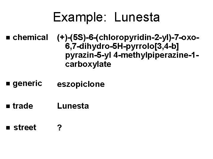 Example: Lunesta n chemical (+)-(5 S)-6 -(chloropyridin-2 -yl)-7 -oxo 6, 7 -dihydro-5 H-pyrrolo[3, 4