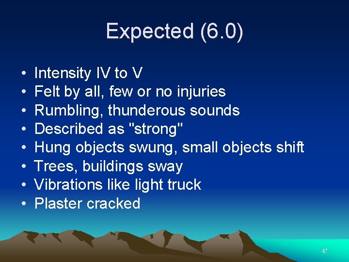 Expected (6. 0) • • Intensity IV to V Felt by all, few or