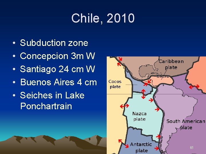 Chile, 2010 • • • Subduction zone Concepcion 3 m W Santiago 24 cm