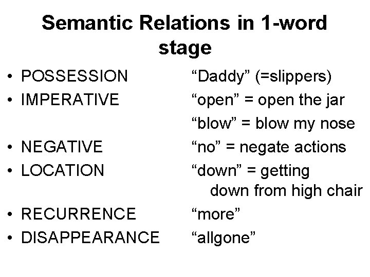 Semantic Relations in 1 -word stage • POSSESSION • IMPERATIVE • NEGATIVE • LOCATION