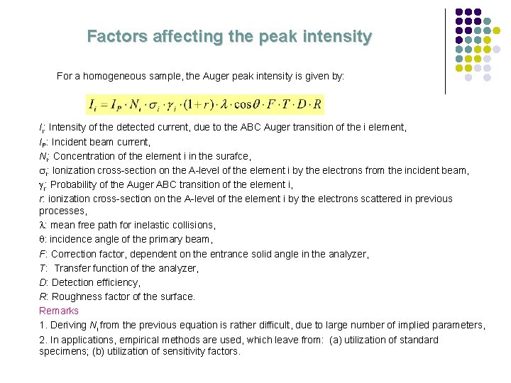 Factors affecting the peak intensity For a homogeneous sample, the Auger peak intensity is