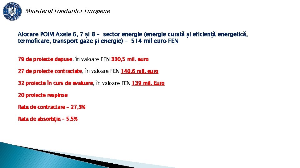 Ministerul Fondurilor Europene Alocare POIM Axele 6, 7 și 8 – sector energie (energie