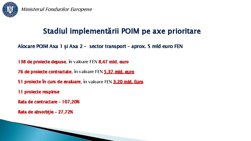 Ministerul Fondurilor Europene Stadiul implementării POIM pe axe prioritare Alocare POIM Axa 1 și