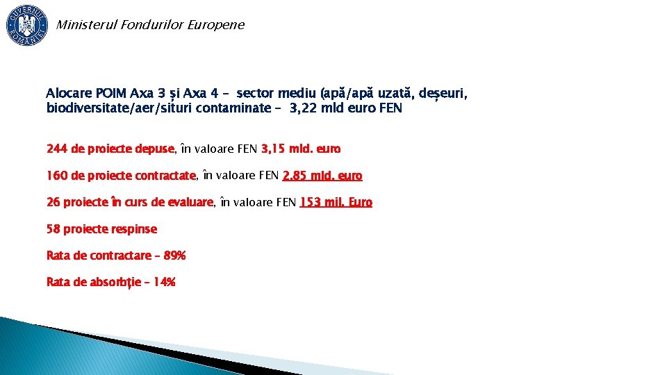 Ministerul Fondurilor Europene Alocare POIM Axa 3 și Axa 4 – sector mediu (apă/apă