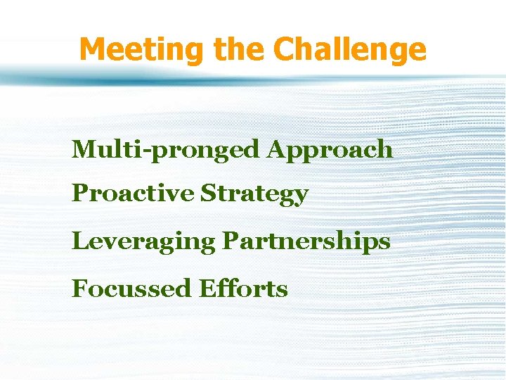 Meeting the Challenge Multi-pronged Approach Proactive Strategy Leveraging Partnerships Focussed Efforts 