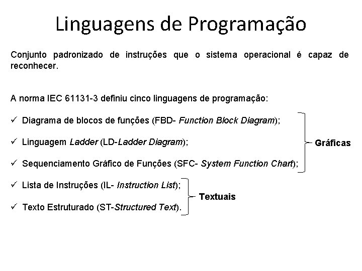 Linguagens de Programação Conjunto padronizado de instruções que o sistema operacional é capaz de