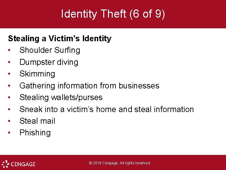 Identity Theft (6 of 9) Stealing a Victim’s Identity • Shoulder Surfing • Dumpster