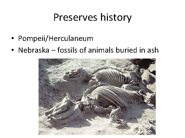 Preserves history • Pompeii/Herculaneum • Nebraska – fossils of animals buried in ash 