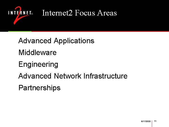 Internet 2 Focus Areas Advanced Applications Middleware Engineering Advanced Network Infrastructure Partnerships 9/17/2020 11