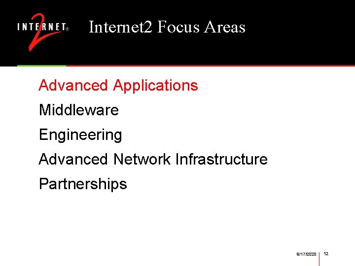 Internet 2 Focus Areas Advanced Applications Middleware Engineering Advanced Network Infrastructure Partnerships 9/17/2020 12