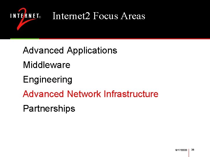 Internet 2 Focus Areas Advanced Applications Middleware Engineering Advanced Network Infrastructure Partnerships 9/17/2020 39