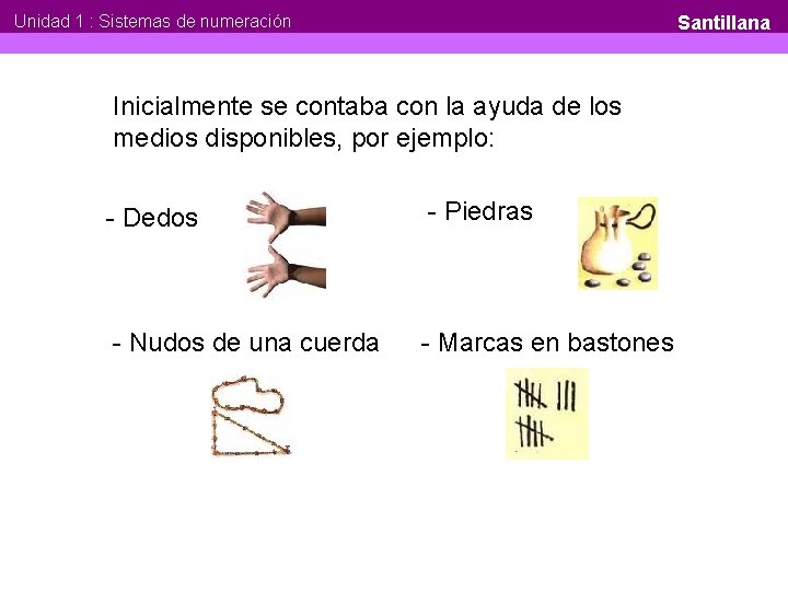 Unidad 1 : Sistemas de numeración Santillana Inicialmente se contaba con la ayuda de