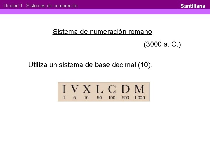 Unidad 1 : Sistemas de numeración Santillana Sistema de numeración romano (3000 a. C.