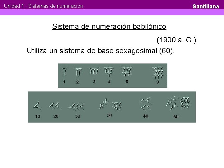 Unidad 1 : Sistemas de numeración Santillana Sistema de numeración babilónico (1900 a. C.