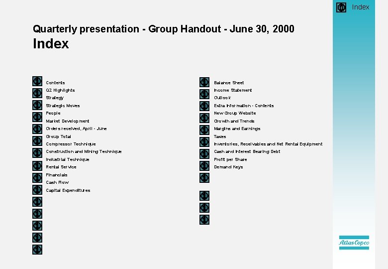 • Index Quarterly presentation - Group Handout - June 30, 2000 Index Contents