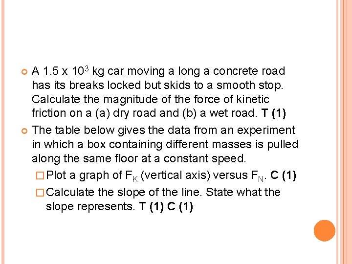 A 1. 5 x 103 kg car moving a long a concrete road has