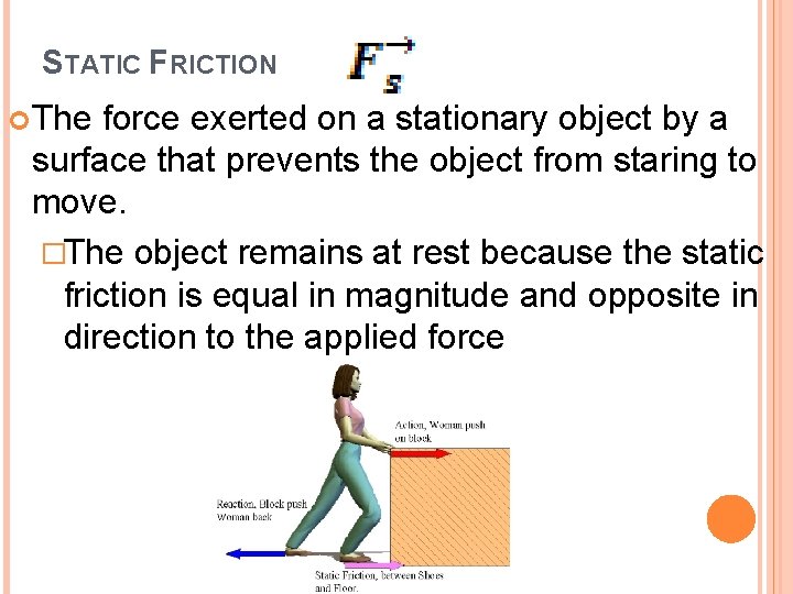 STATIC FRICTION The force exerted on a stationary object by a surface that prevents