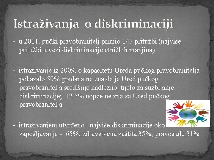 Istraživanja o diskriminaciji - u 2011. pučki pravobranitelj primio 147 pritužbi (najviše pritužbi u