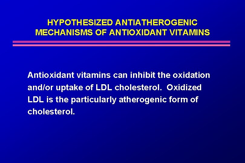 HYPOTHESIZED ANTIATHEROGENIC MECHANISMS OF ANTIOXIDANT VITAMINS Antioxidant vitamins can inhibit the oxidation and/or uptake