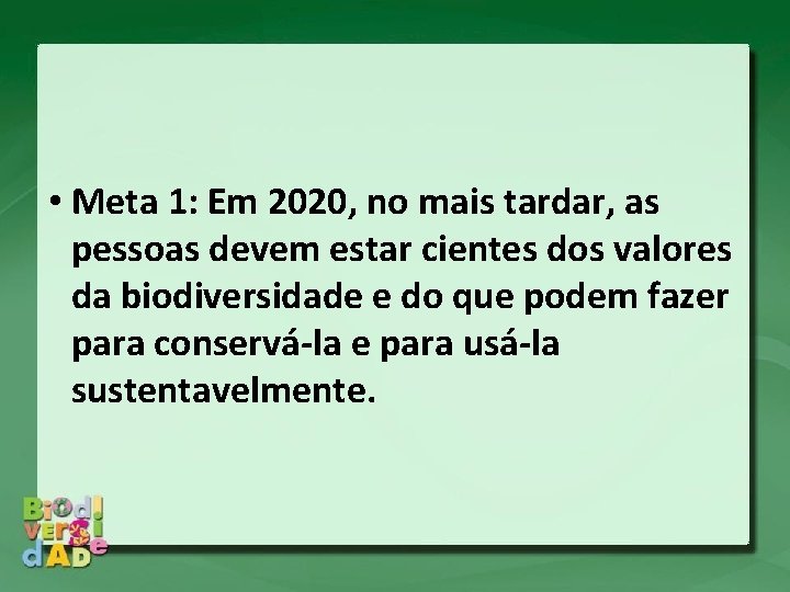  • Meta 1: Em 2020, no mais tardar, as pessoas devem estar cientes