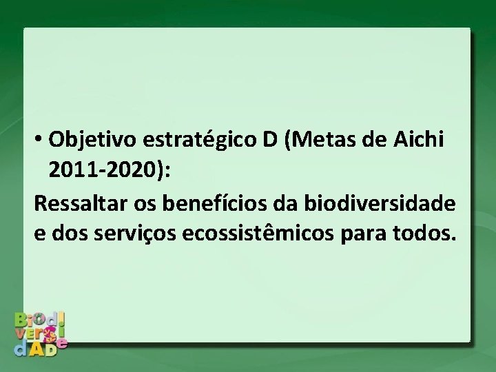  • Objetivo estratégico D (Metas de Aichi 2011 -2020): Ressaltar os benefícios da