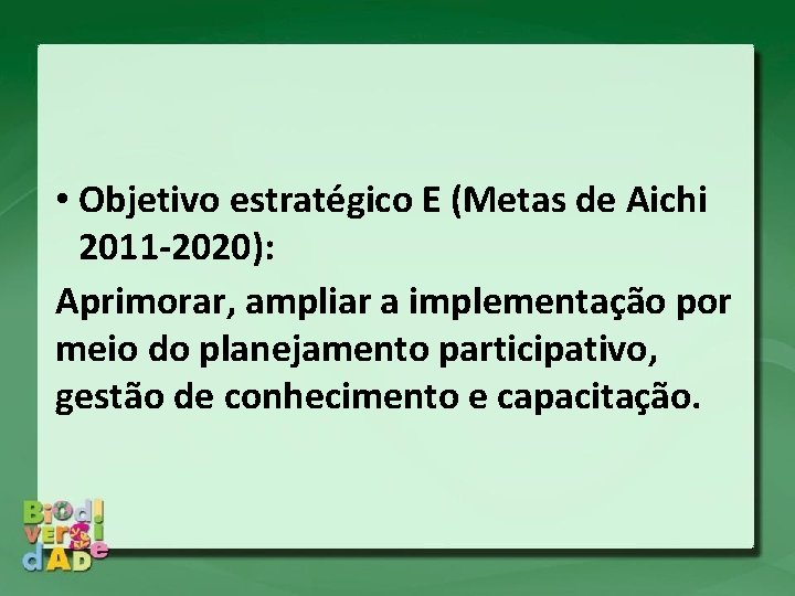  • Objetivo estratégico E (Metas de Aichi 2011 -2020): Aprimorar, ampliar a implementação