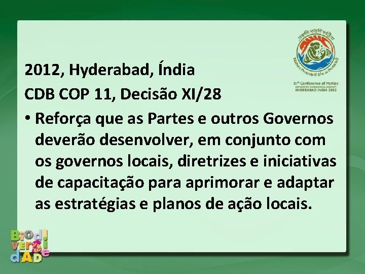 2012, Hyderabad, Índia CDB COP 11, Decisão XI/28 • Reforça que as Partes e