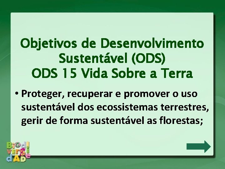 Objetivos de Desenvolvimento Sustentável (ODS) ODS 15 Vida Sobre a Terra • Proteger, recuperar