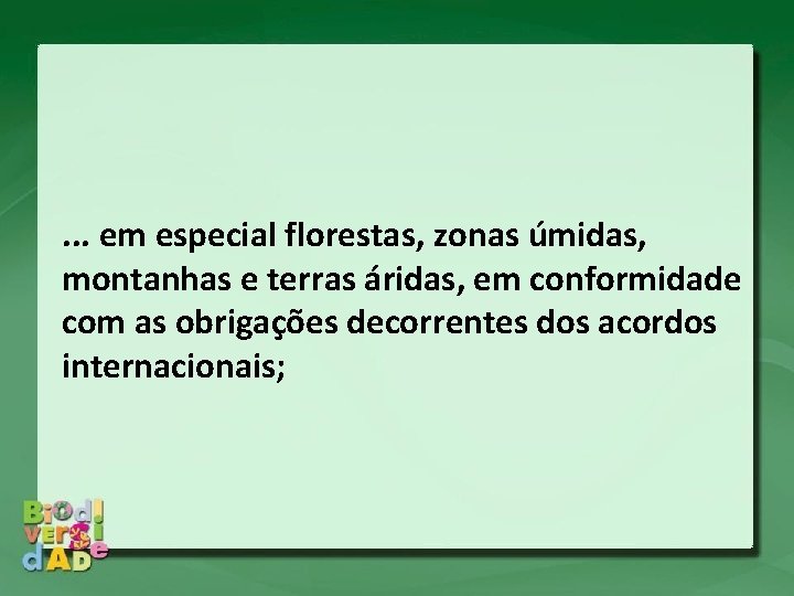 . . . em especial florestas, zonas úmidas, montanhas e terras áridas, em conformidade