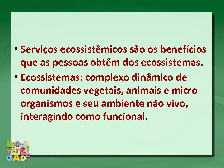  • Serviços ecossistêmicos são os benefícios que as pessoas obtêm dos ecossistemas. •