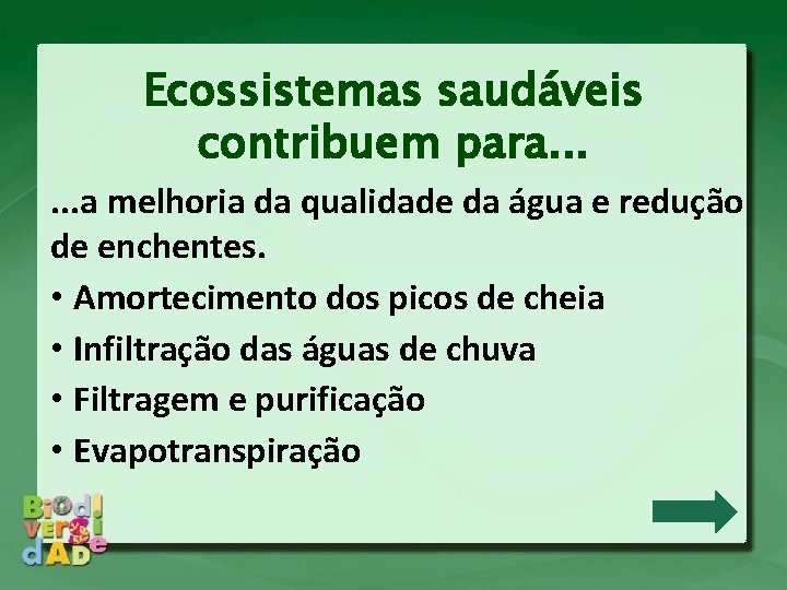 Ecossistemas saudáveis contribuem para. . . a melhoria da qualidade da água e redução Ecossistemas saudáveis contribuem para. . . a melhoria da qualidade da água e redução