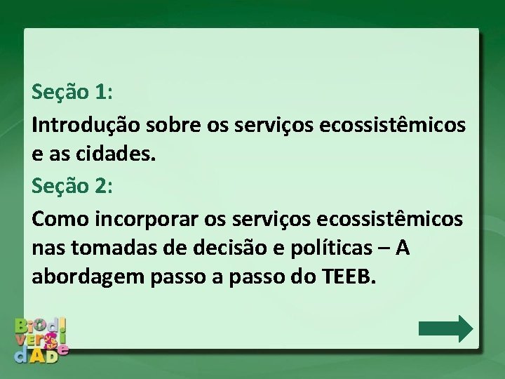 Seção 1: Introdução sobre os serviços ecossistêmicos e as cidades. Seção 2: Como incorporar