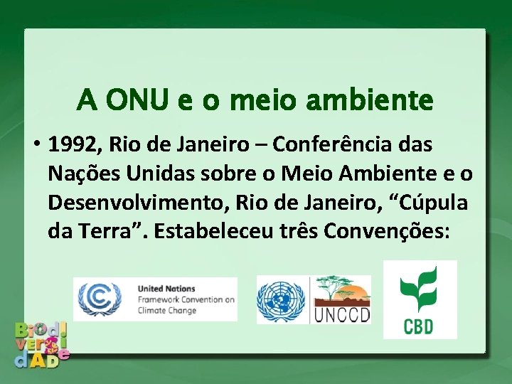 A ONU e o meio ambiente • 1992, Rio de Janeiro – Conferência das