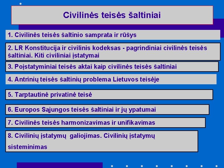 Civilinės teisės šaltiniai 1. Civilinės teisės šaltinio samprata ir rūšys 2. LR Konstitucija ir